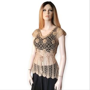 Y2K Boho Crochet Top with Rosettes and Pearls size Small
